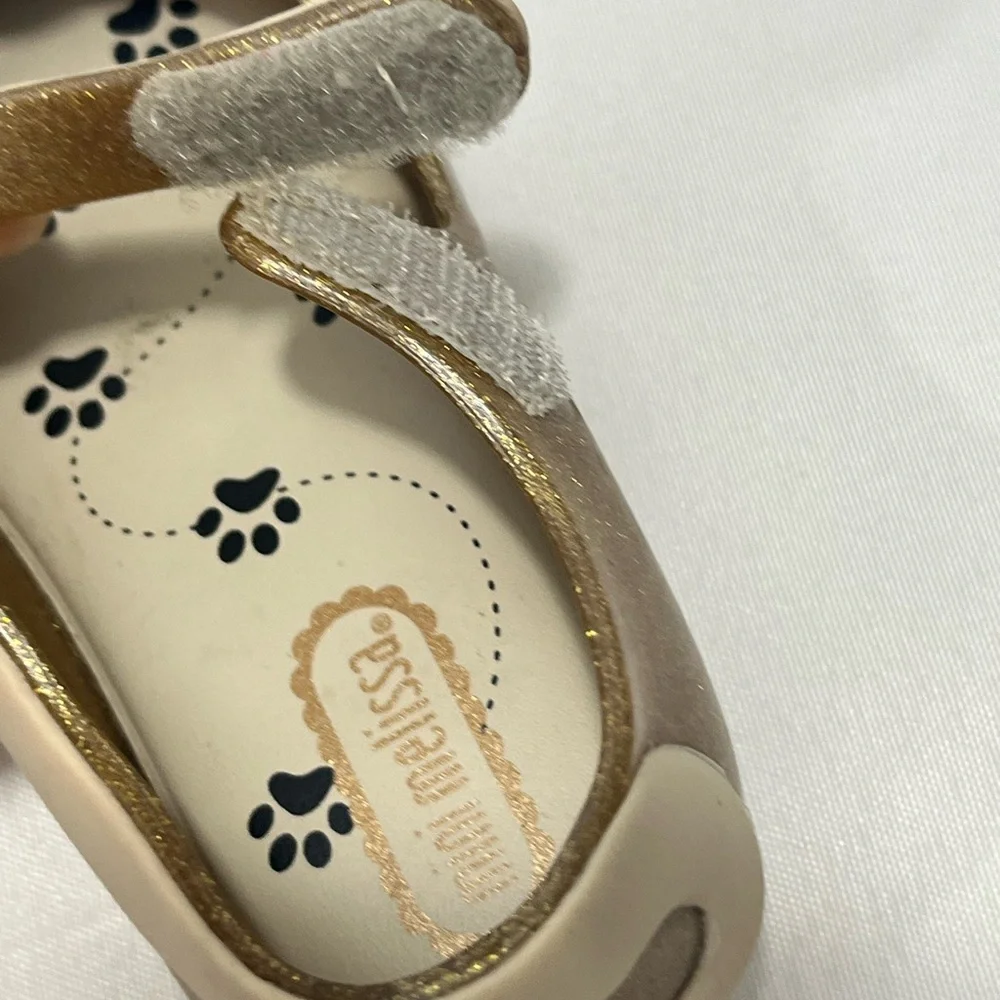 Mini Melissa Gold and Cream Cat Mary Jane Dress Shoes Toddler Size 7